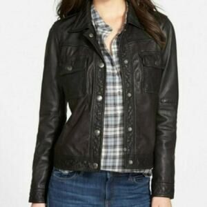 Treasure & Bond Black Button Up Biker Leather Motorcycle Jacket Size Small